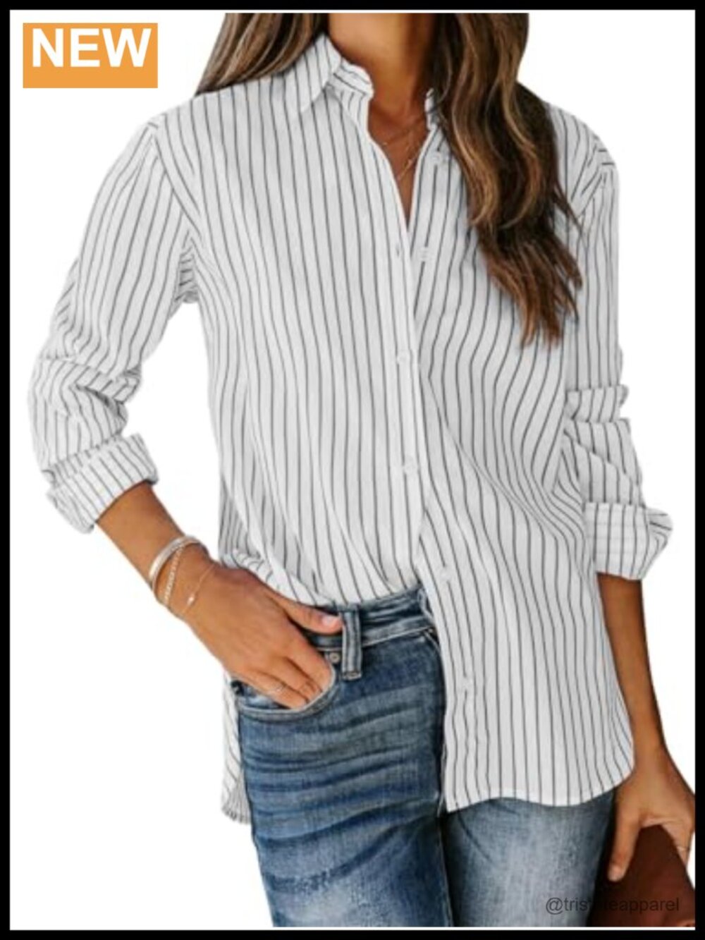 Women's Cotton Long Sleeve Striped Button Down Shirt Work Blouse
